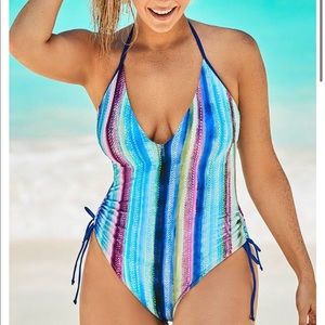 Pastel stripe halter swimsuit